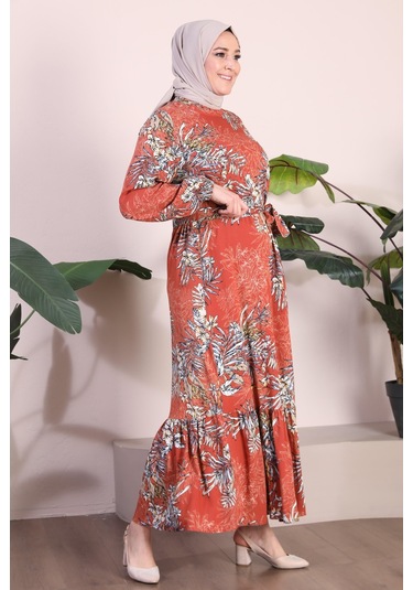 Kadin Büyük Beden Elbise Palmiye Desenli Viskon Elbise 001