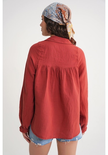 4677 Kadın Dantel Detaylı Müslin Gömlek Kızılcık Kızılcık
