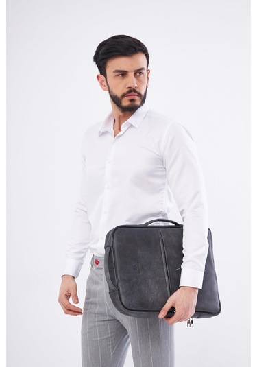 Derinss Dub3050 Hakiki Deri Gri Gölge Organizerli Laptop Sırt Çantası 001