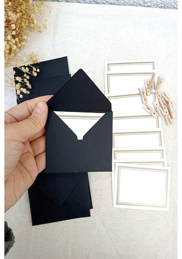 Siyah 5 Adet Mandallı Zarflı Not Kartı Seti- Hediye Kartı - Tebri