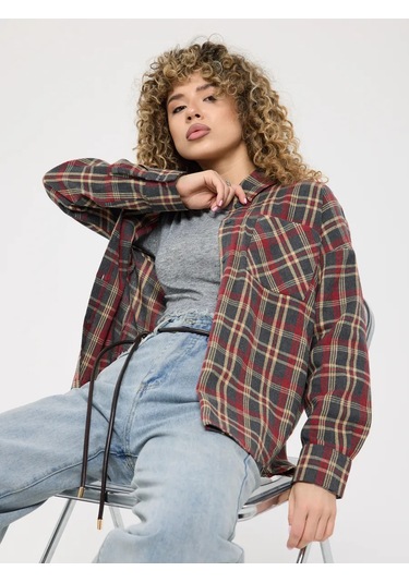 Uzun, Oversize Kareli Gömlek 377355034 Sivri Mor Melanj