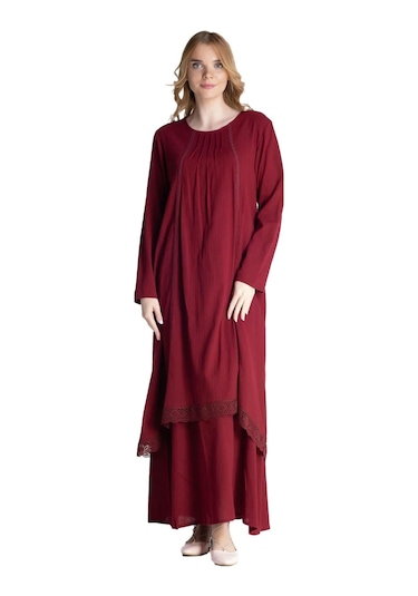 Uzun Kol Şile Bezi Nervürlü Uzun Elbise Bordo Brd-bordo