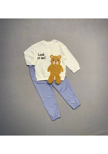 2-3-4 Yaş Ayıcık Sallanan Ayak Desenli Likra Penye Kumaş Sweat Pantolonlu Kız Erkek 2li Çocuk Takımı Ekru