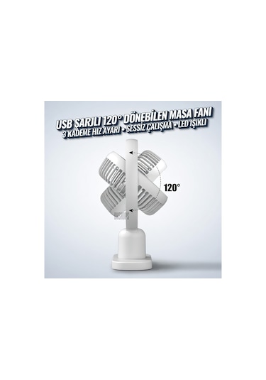 Usb Şarjlı Lambalı Masaüstü Mini Fan 3 Kademeli Hız Ayarlı 180 Derece Vantilatör