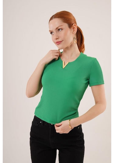 Kısa Kollu Yaka Detaylı Kaşkorse Yeşil Bluz Karışık