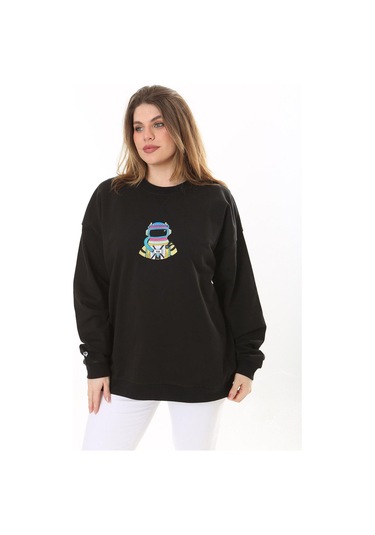 Kadın Büyük Beden Siyah Pamuk Kumaş Nakışlı Sweatshirt 65n37617-siyah Siyah