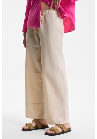 MELANCHOLI Kadın %100 Pamuk Keten Görünümlü Yüksek Bel Lastikli Bel Bej Pantolon