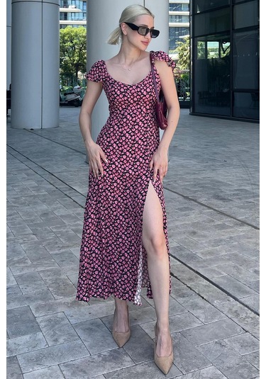 Madmext Siyah Desenli Yırtmaçlı Uzun Elbise Mg2004-siyah Siyah