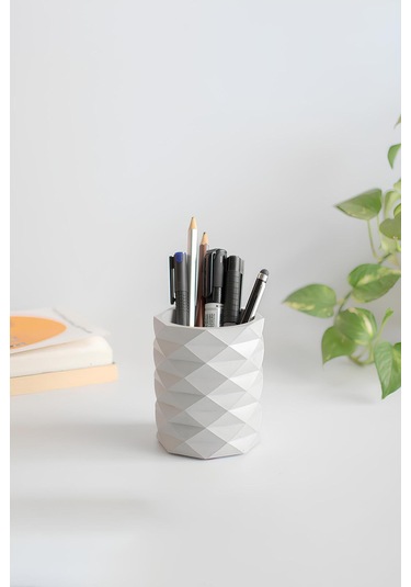 Dekoratif Geometrik Kalemlik Modern Beton Organizer Vazo Saksı Diş Fırçalık Ofis Düzenleyici Beyaz