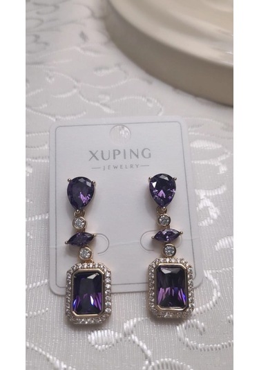 Uzel Xuping Küpe Çelik Sarı Etrafı Mor Taşlı Küpe, Dik Kesim Zirkon Taşlı Çelik Küpe