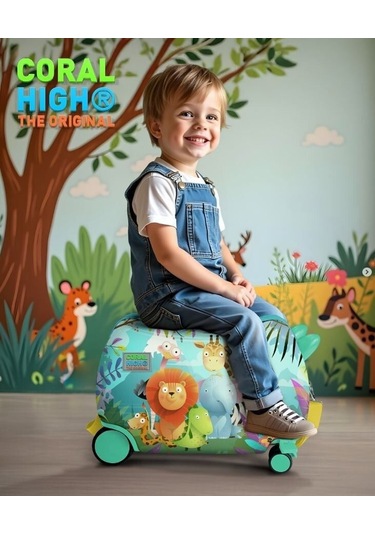 Coral High Otur-çek Erkek Çocuk Valizi - Yeşil Renkli Hayvanlar Alemi Çok Renkli