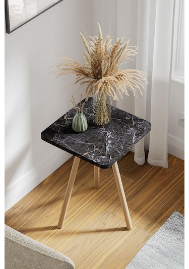 İntergo Kare Tasarımlı Ahşap Ayaklı Tekli Zigon Sehpa Siyah Mermer