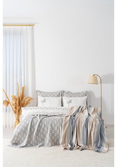 Mode Gri Nakışlı Çift Kişilik Nevresimli Battaniye Seti - 8 Parça Çeyiz Seti Gri