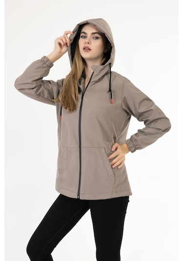 Kadın Vizon Içi Astarlı Su Geçirmez Ve Rüzgara Dayanıklı Kapüşonlu Cepli Yağmurluk - Rüzgarlık Vizon
