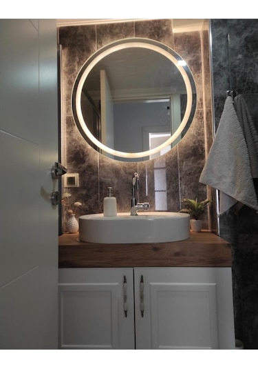 Nuun Dekor 60cm Günışığı Ledli Kumlamalı Banyo Lavabo Ofis Makyaj Kuaför Aynası - Trafolu Ahşap