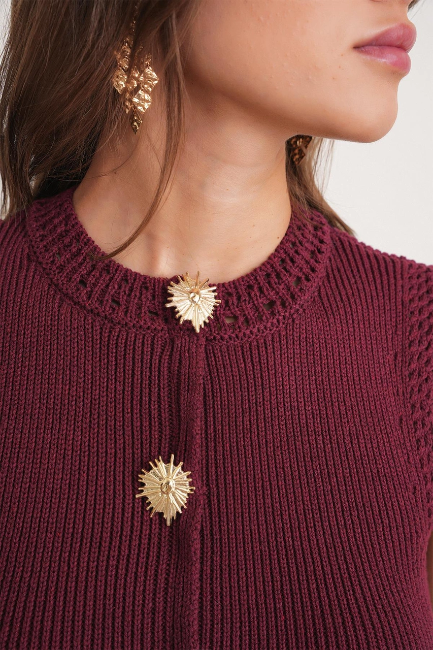 6962 Kadın Gold Düğmeli Triko Yelek Bordo Bordo