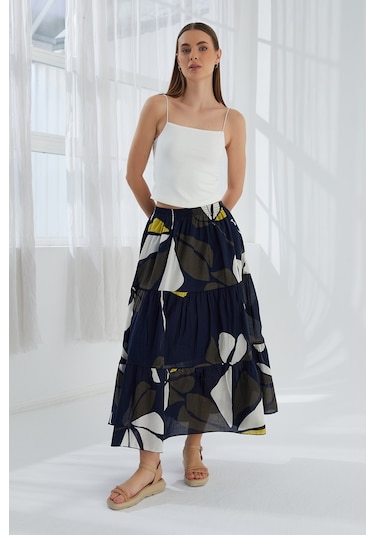 Modaplaza Kadın Fırfırlı Uzun Etek- Çok Renkli K20YGLSFIRETKLACİ HAKİ Haki - Lacivert