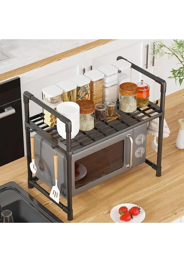 Mutfak Depolama Rafı Çok Katmanlı Mikrodalga Raf Ayarlanabilir Siyah