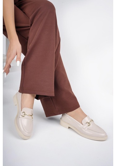 Muggo Sussie Garantili Metal Tokalı Kadın Loafer Günlük Ayakkabı Taş Rengi Taş