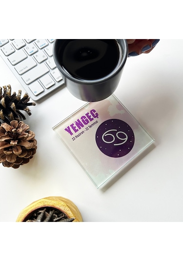 Cam Bardak Altlığı Burçlar - Yengeç Burcu 4'lü Takım Beyaz