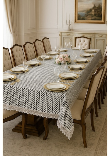 Lüks Modern Masa Örtüsü -leke Tutmaz Su Geçirmez Dantel Detaylı Detaylı Masa Örtüsü Beyaz