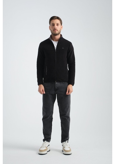 Shooter Sportswear Premium Kışlık Erkek Polar Sweatshirt Minimal Nakış Detayları Fermuarlı Regular Fit Siyah