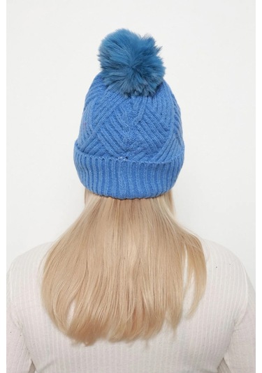 Kalın Ponponlu İçi Yünlü Kadın Bere Rkş-17 Mavi Mavi