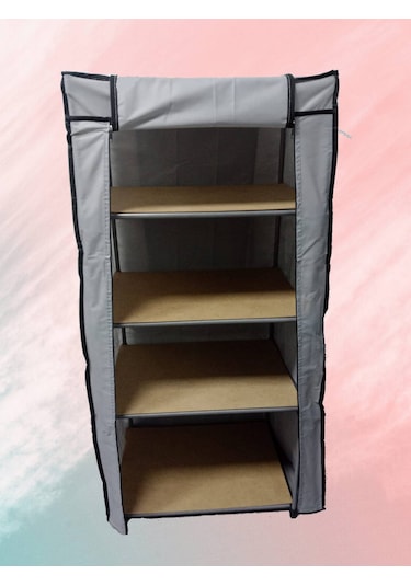 Çelik Borulu 4 Bölmeli Tahta Raflı Çok Amaçlı Portatif Gardırop Gri