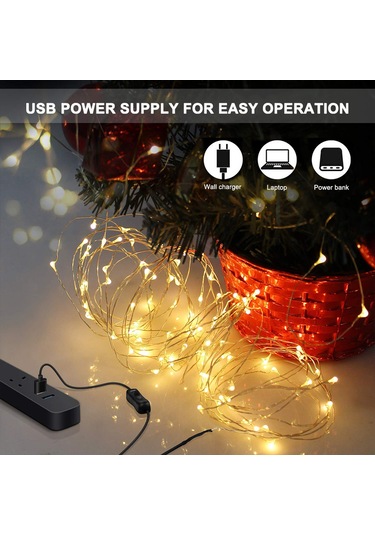 Springsun Led Bakır Tel Işık Zinciri 10 Metre 100 Işık, Usb Beslemeli Bağımsız Anahtarlı, Islak Beyaz Renk, Dekoratif Işık Beyaz