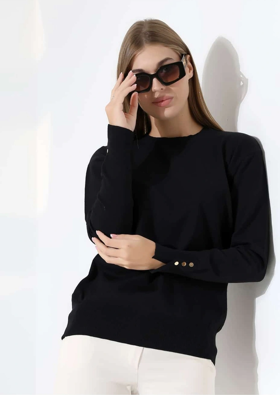 Gündelik Şıklık Kol Düğme Detay Triko Kazak Siyah