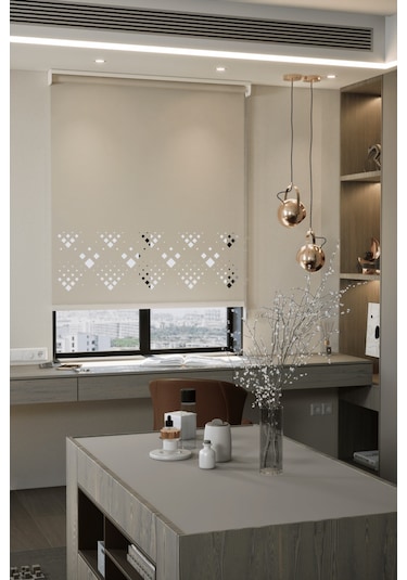 Lazer Kesim Mat Stor Perde, Lazer Kesimli Modern Serisi, M-5002 Ekru Renk Ekru