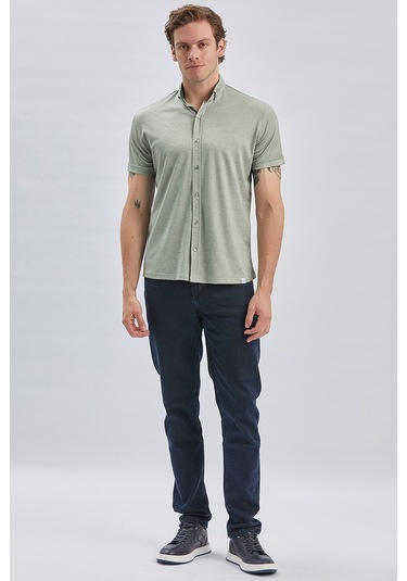 Imza Koyu Haki Desenli Oxford Polo Yaka Cepli Casual Slim Fit Dar Kesim Tişört 1011240178-Koyu Haki