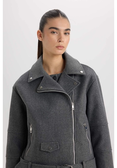 DeFacto Regular Kalıp Ceket Yaka Cepli Kemerli Fermuarlı Kısa Kaşe Kaban B8830AX25SPAR153 Antrasit