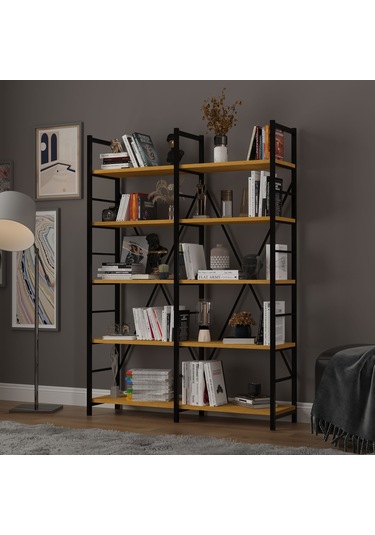 6 Raflı Metal Kitaplık İki Modül-metalk02-afrika Ceviz