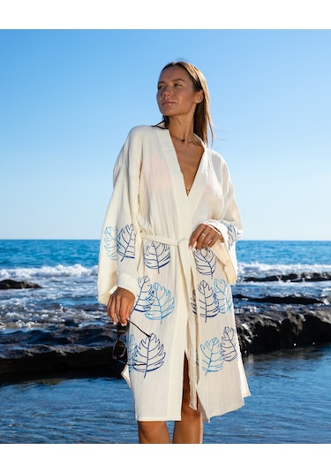 Litustyle Yaprak - Naturel & El Baskılı Pamuk Müslin Kimono Beyaz