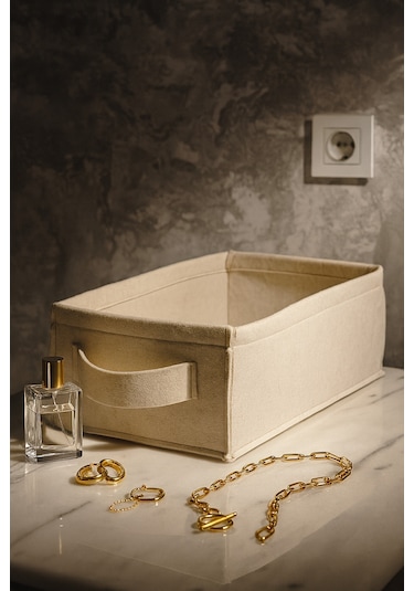 Krem Dolap İçi, Çamaşır, Oyuncak Düzenleyici, Saklama Kutusu, Keçe Sepet Organizer 38x25x13 Cm Krem