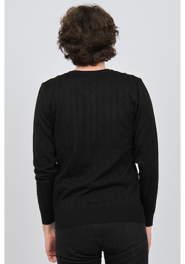 Desen Triko Erkek V Yaka Yün Kazak 0249626 Siyah Siyah