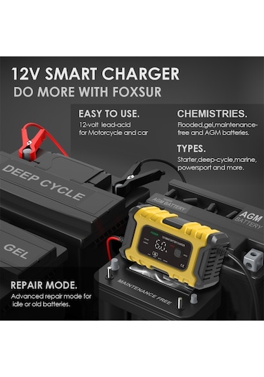 Foxsur 6a 12v Motosiklet / Araba Akıllı Akü Şarj Cihazı Sarı
