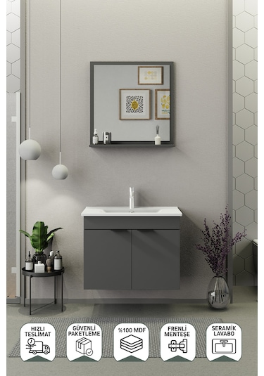 Biani Fix Arya 75 Cm Banyo Dolabı,Seramik Lavabolu, Aynalı,Lavabo Dahil,Mdf,Mat Gri Biani Fix Arya 75 Cm Banyo Dolabı,Seramik Lavabolu, Aynalı,Lavabo Dahil,Mdf,Mat Gri