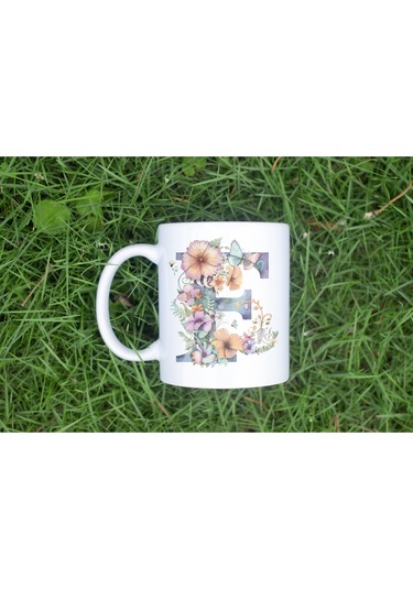 F Harfi Çiçekli Kupa Bardak - Soft Renk Çiçek Ve Kelebek Desenli Zarif Kahve Kupası - Bohem Beyaz