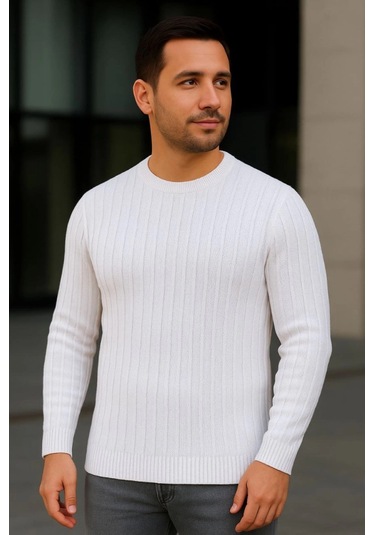 Erkek Bisiklet Yuvarlak Yaka Triko Kazak Pamuklu Kalın Fitilli Dokuma, Regular Fit Uzun Kollu Kışlık Model - Beyaz Beyaz