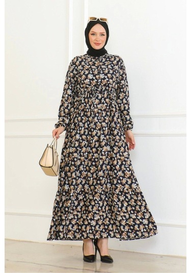 Çiçek Desenli Bağlamalı Viskon Kumaş Elbise - Lacivert Lacivert