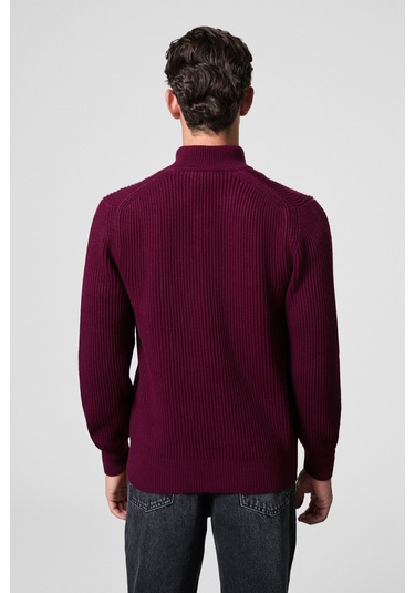 BERNARDO Erkek Yarım Fermuarlı Dik Yaka Triko Bordo Kazak