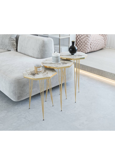 Zigon Sehpa 3'lü Sekizgen Takım Altın Tel Ayaklı Beyaz Mermer-Gold