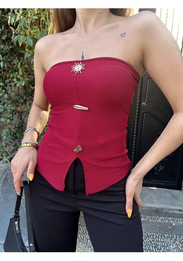 Kadın Ottoman Kumaş Düğme Detaylı Büstiyer Crop Kırmızı