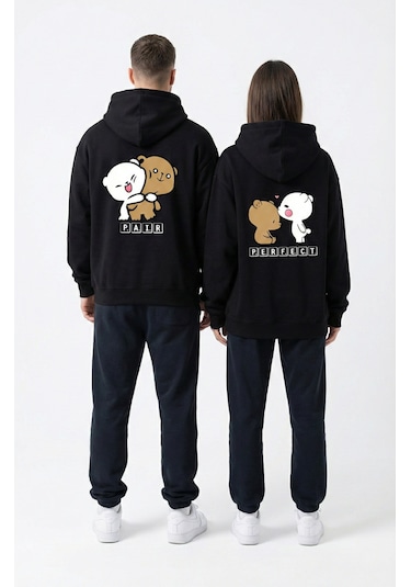 Nevermind Unisex Oversize Ayıcık Baskılı Çift Hoodie Siyah
