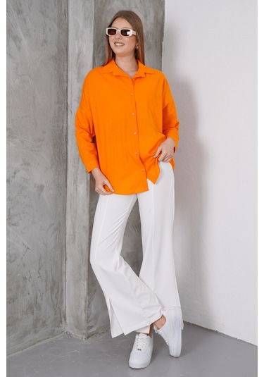 Paw Garage Kadın London Keten Tek Cepli Oversize Gömlek, Premium Kalite Keten Gömlek Turuncu