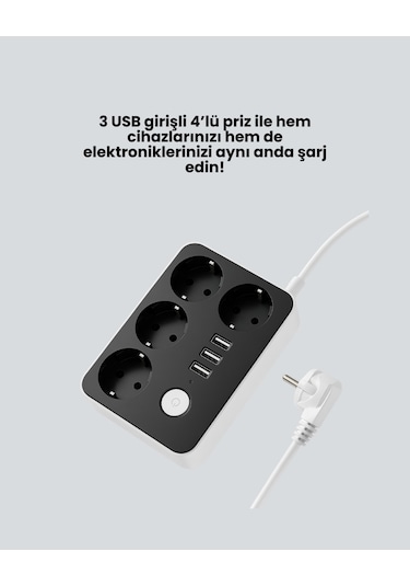 4.1a Hızlı Şarjlı Akım Korumalı 4 Priz Ve 3 Usb Çıkışlı Priz