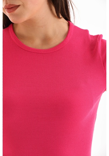 Kadın Likralı Kısa Kol Crop Bluz Pembe