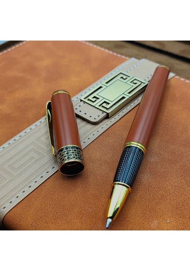 Taba Rengi Termo Deri Defter Ve Metal Roller Kalem Seti